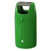 A hooded green trash receptacle designed with two large waste disposal openings.