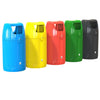 5 multi colored round hooded litter bins with 2 large apertures in blue, yellow, red, green and black.