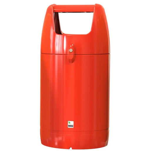 garbage bin in red comes with a hood and two large apertures for waste.