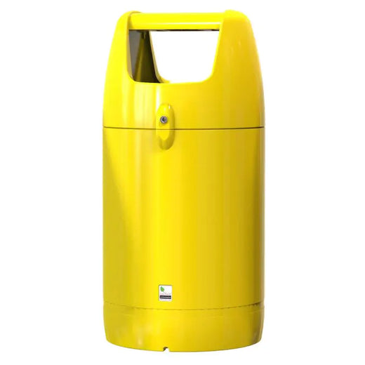Yellow round hooded trash can with 2 large openings.