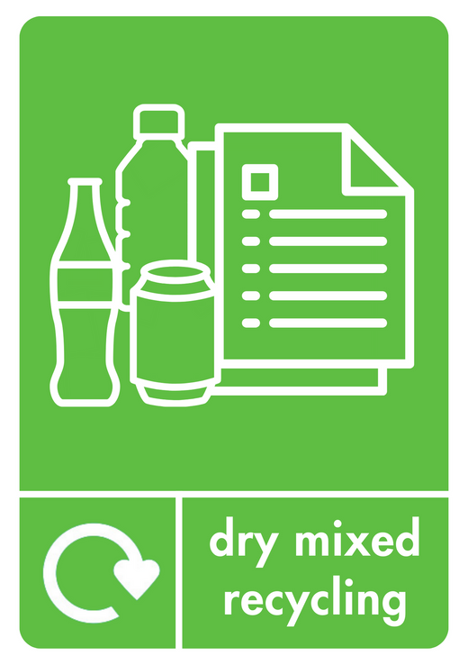Lime green mixed recycling label with iconography for recycling in white with loop