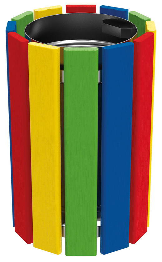 Ciruclar open top bin with coloured slats surrounding the bin, with galvanised liner