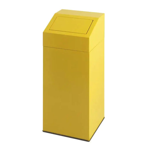 A 76-litre metal trash bin in yellow equipped with a push lid.