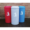 3 52-Litre trash bins with open top lid, litter signage, and a stone-effect finish. It comes in various colors - 1 red, 1 light blue, 1 grey.