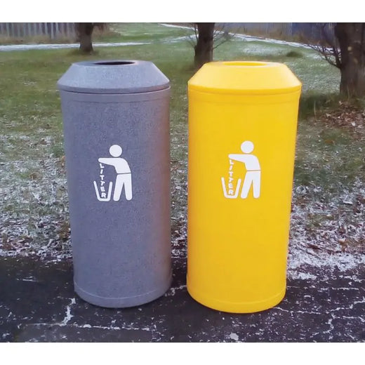 2 outdoor litter bins in grey and yellow with stainless steel lids and litter signage.