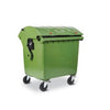 1100 Litre plastic wheelie bin in green with a roll lid
