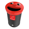 A black trash can with a red lid. Adorned with a smiley-face and comes complete graphics.