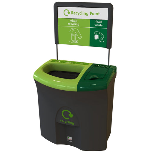 A black trash can with two lift-off lids—one light green, and the other, dark green—with signage on the top.