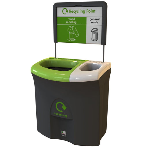 Black bodied trash can with two open lift off lids. One is light green and the other is white, with attached signage on top. 