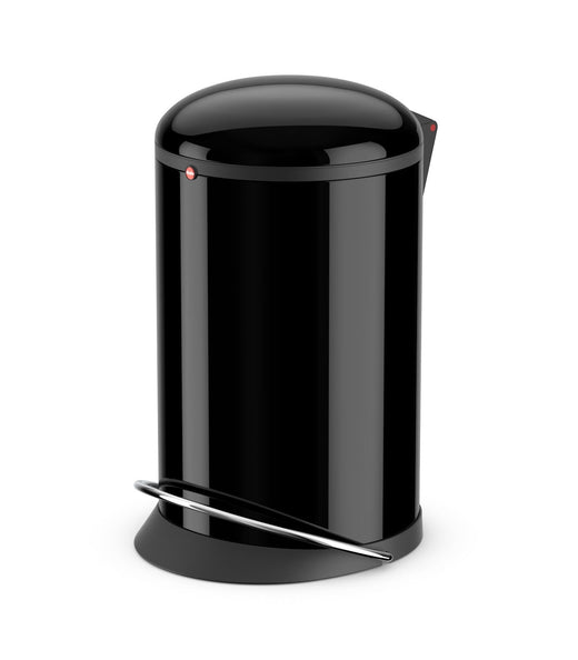 Trash Bin in a sleek black color with lid closed. It is equipped with a foot pedal.