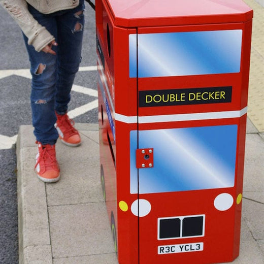 Tamperproof Double Decker Bus Recycling Bin, a playful addition to secure waste disposal in public spaces.