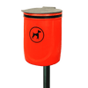Red 40 litre dog waste bin with a deodorizing block in lid mounted on a post.