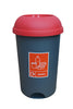 litter bin comes with an open top and grey base. It has a detachable red lid and an affixed recycling sticker.