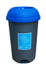 A self-standing bin in grey and has an open top, a blue removable lid, and a recycling sticker.