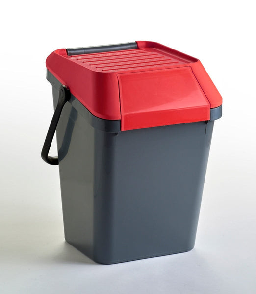 45 Litre capacity stackable recycling bin with red lid and grey body, complete with black carry handle and flap in the closed position