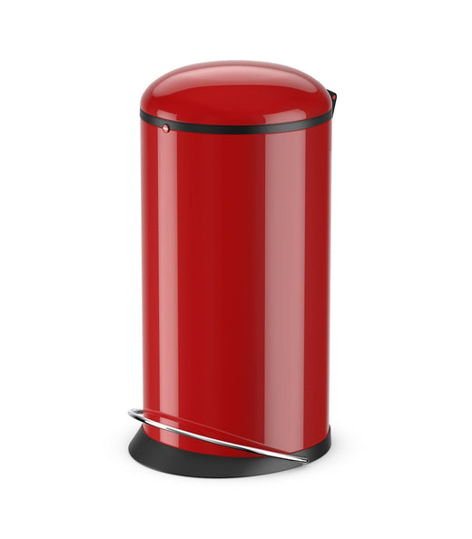 A trash can with closed lid in red color. It has inbuilt foot pedal.