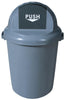 Round domed top litterbin with grey body and charcoal push flap lid.  PUSH lettering in white on the aperture