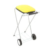 Plastic waste bin equipped with a steel frame and a yellow lid. It has a plastic bag holder at its base, 2 wheels and a handlebar.