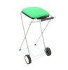 Mobile sack holder featuring a steel frame, green lid, and a bag holder at the bottom, complete with wheels and a handle bar.
