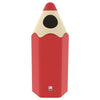 standalone image of a pencil shaped red trash can with round aperture and hooded top.