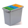3 Compartment Recycling bin - green, blue & yellow coloured lids with a grey base. Total capacity of 30 litres.