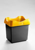 A standalone trash bin exhibiting a white body, yellow lid, and an open top for easy waste disposal.