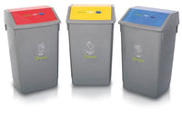 Recycling Bins with Coloured Lids and Recycling Stickers - Set of 3 - 54 Litre