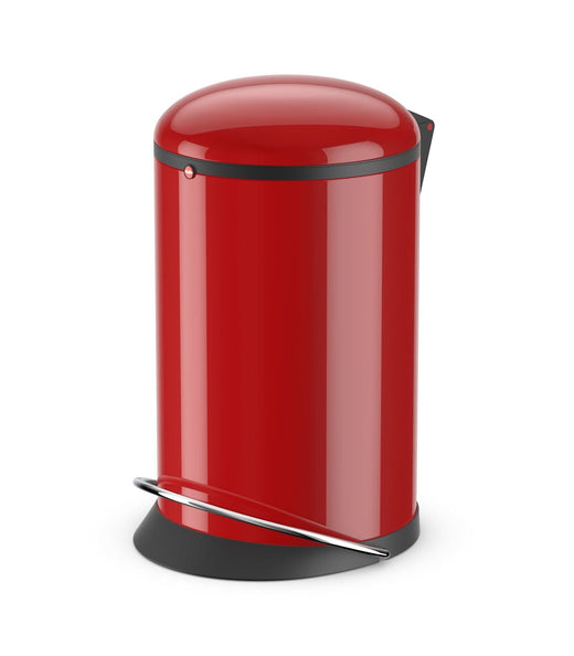 A standalone image of a red, 12-litre trash can with an inbuilt foot pedal and lid shut closed