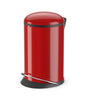 A standalone image of a red, 12-litre trash can with an inbuilt foot pedal and lid shut closed