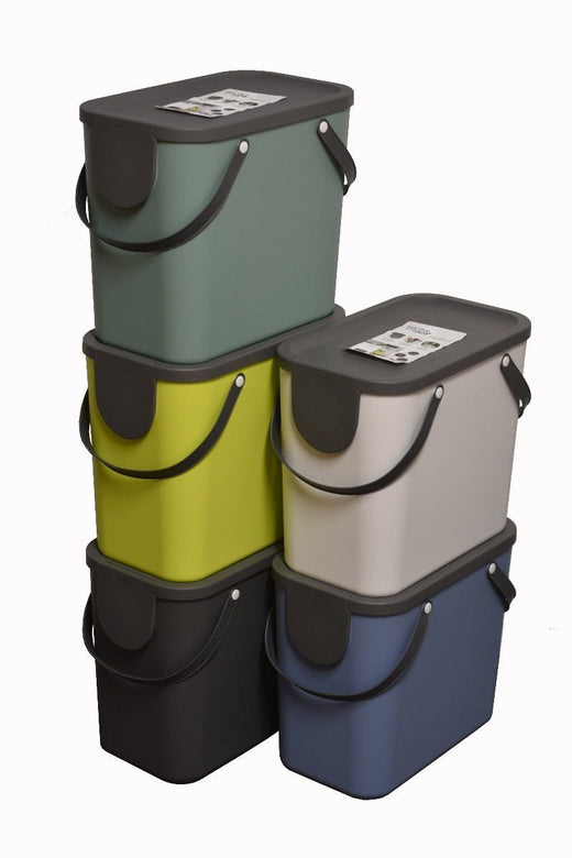 Stackable 25 litre recycling bin, stacked 3 and 2 high showing the colour variations