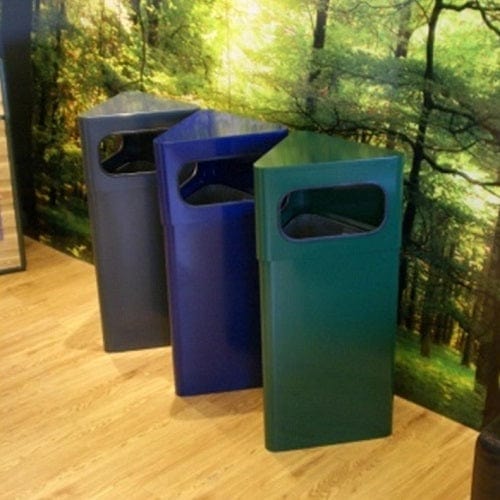 3 Individual triangular shaped litterbins, in green, blue and grey in location