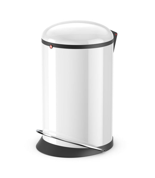 A waste bin  colored in white, showcasing a closed lid and a built-in foot pedal.