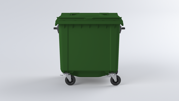 Front view of an 1100 litre wheeliebin in green with 2 braked castors and lifting trunnions fitted to the side