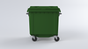 Front view of an 1100 litre wheeliebin in green with 2 braked castors and lifting trunnions fitted to the side