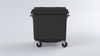 Charcoal grey 1100 litre wheeliebin, front view with trunnions to the side