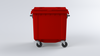 Red 1100 litre wheelie bin, with a flat top and 2 braked castors, complete with lifting trunnions to the side