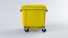 Flat top 1100 litre yellow wheelie bin with 2 braked castors and side lifting trunnions
