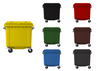 Group shot of 7 x 1100 litre wheelie bins in, yellow, red, black, green, brown, charcoal and blue