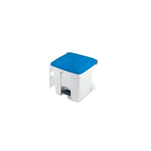 White bodied step on container with blue colored lid and a foot pedal. 