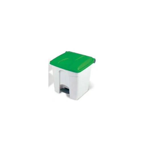 Step on trash bin container with integrated foot pedal. It has white body and green lid.