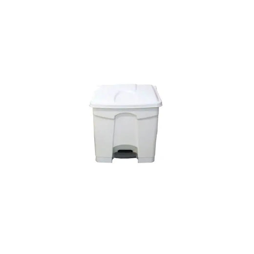 All white step on trash bin with foot pedal.