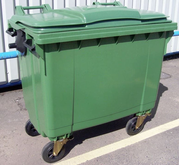 660 litre plastic wheelie bin in green with 4 wheels