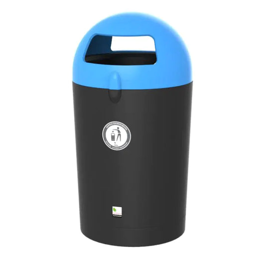 A black bodied recycling bin with blue lift off lid and two apertures