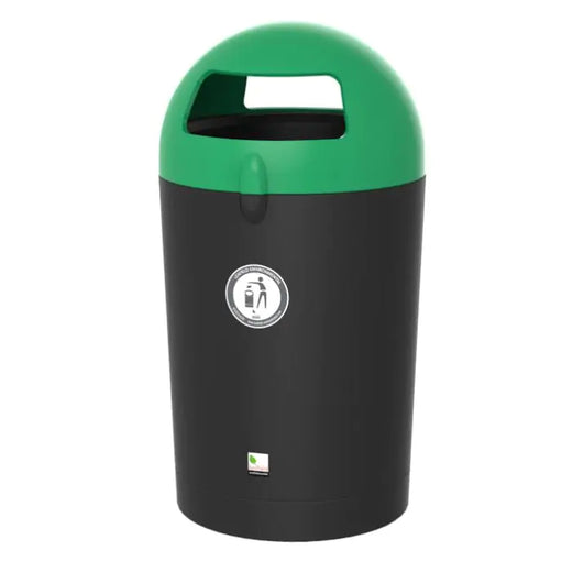 A litter bin with black body and two green input slot. 