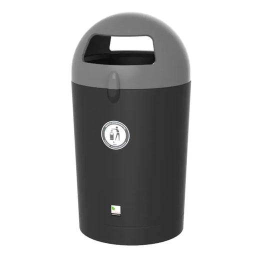 freestanding litter bin with two apertures. The body is black and lid is grey.