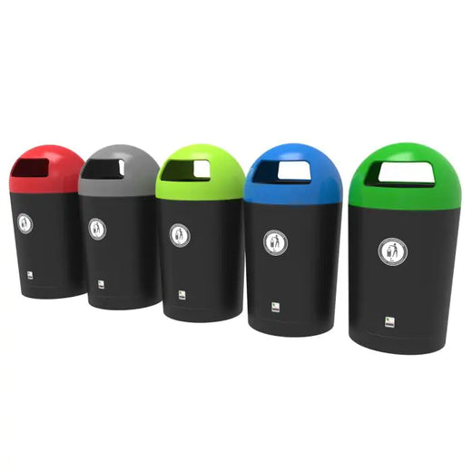 6 metro dome liter bins with different colored lids. 1 red, 1 grey, 1 light green, 1 blue, and 1 dark green. Each has a litter sign attached.