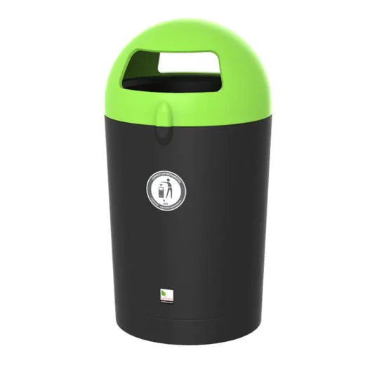 A metro dome waste bin with two green aperture and black base color.  