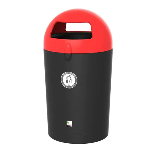 Trash can with black body, red lid and two apertures.