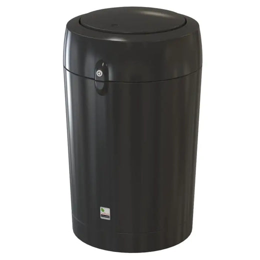 standalone image of a black metro recycling bin with flip-top lid. 
