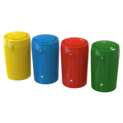 4 color-coded litterbins with flip-top lids. 1 yellow, 1 blue, 1 red, 1 green.